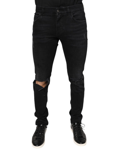 Dolce & Gabbana Black Tattered Cotton Skinny Men Denim Jeans