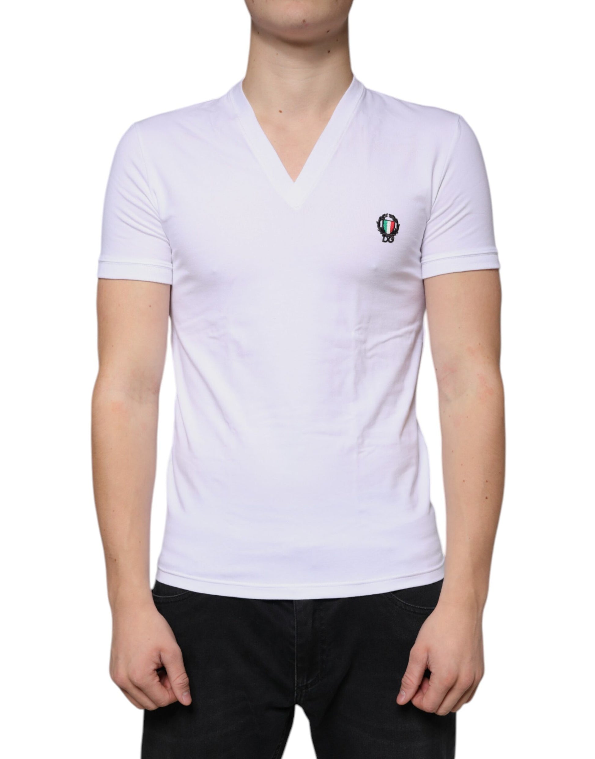 Dolce & Gabbana White Logo Cotton Deep V-neck T-shirt