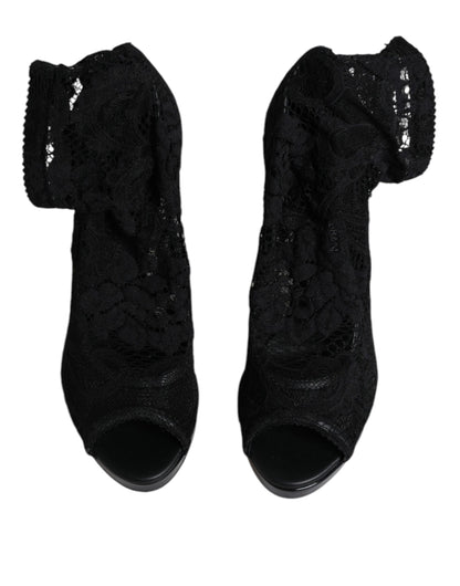 Dolce & Gabbana Black Stretch Taormina Lace Boots Shoes