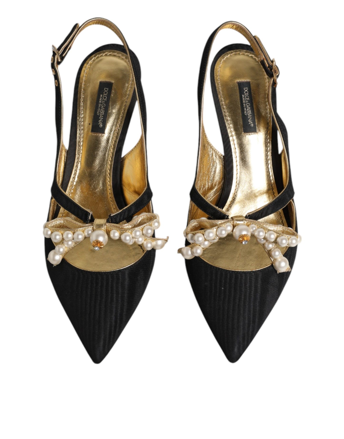 Dolce & Gabbana Black Leather Faux Pearls Slingbacks Shoes