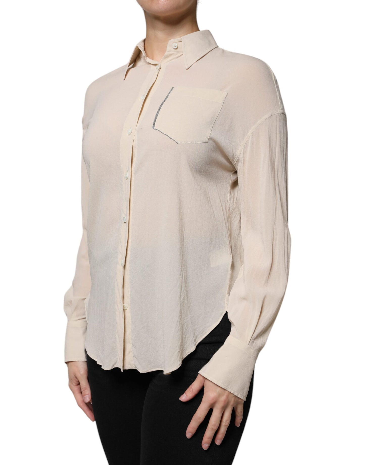 Brunello Cucinelli Beige Silk Blend Collared Button Down Top