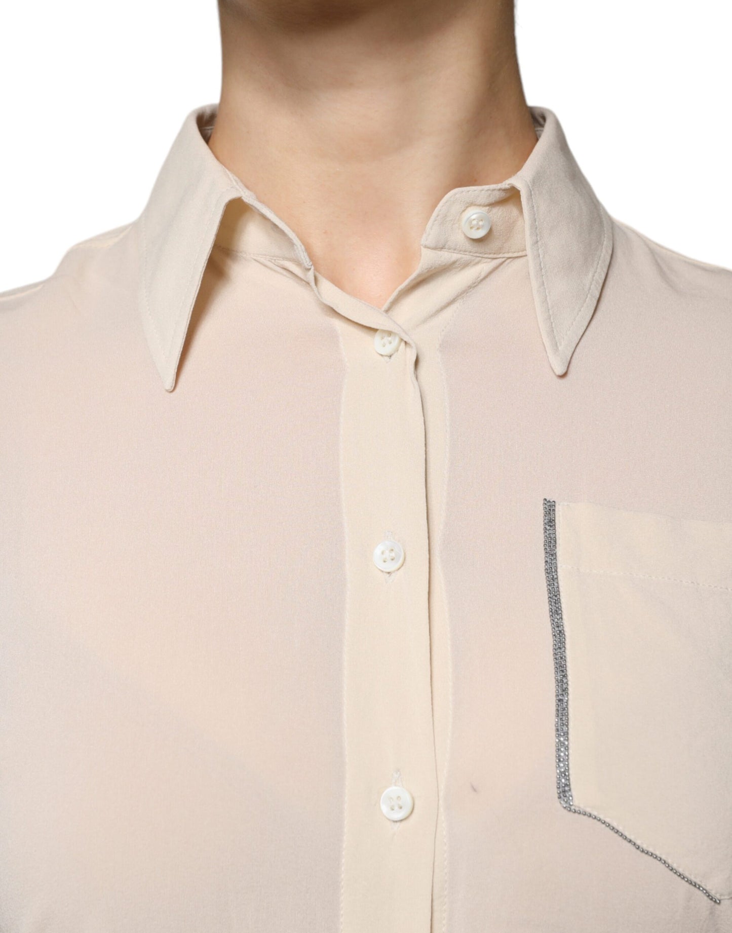 Brunello Cucinelli Beige Silk Blend Collared Button Down Top