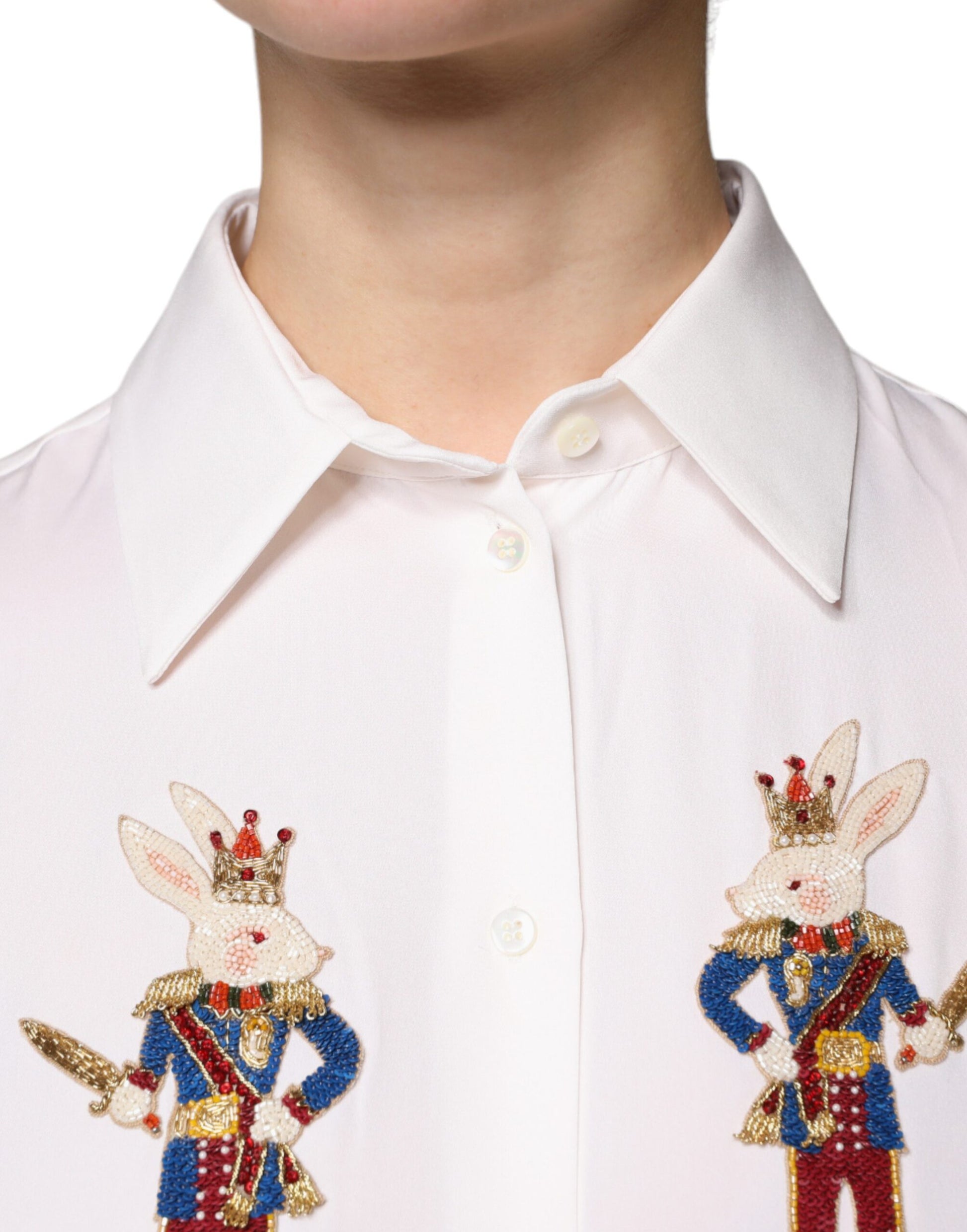 Dolce & Gabbana White Rabbit Patch Silk Collared Blouse Top