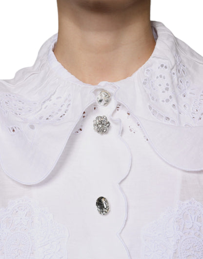 Dolce & Gabbana White Cotton Lace Trim Collared Blouse Top