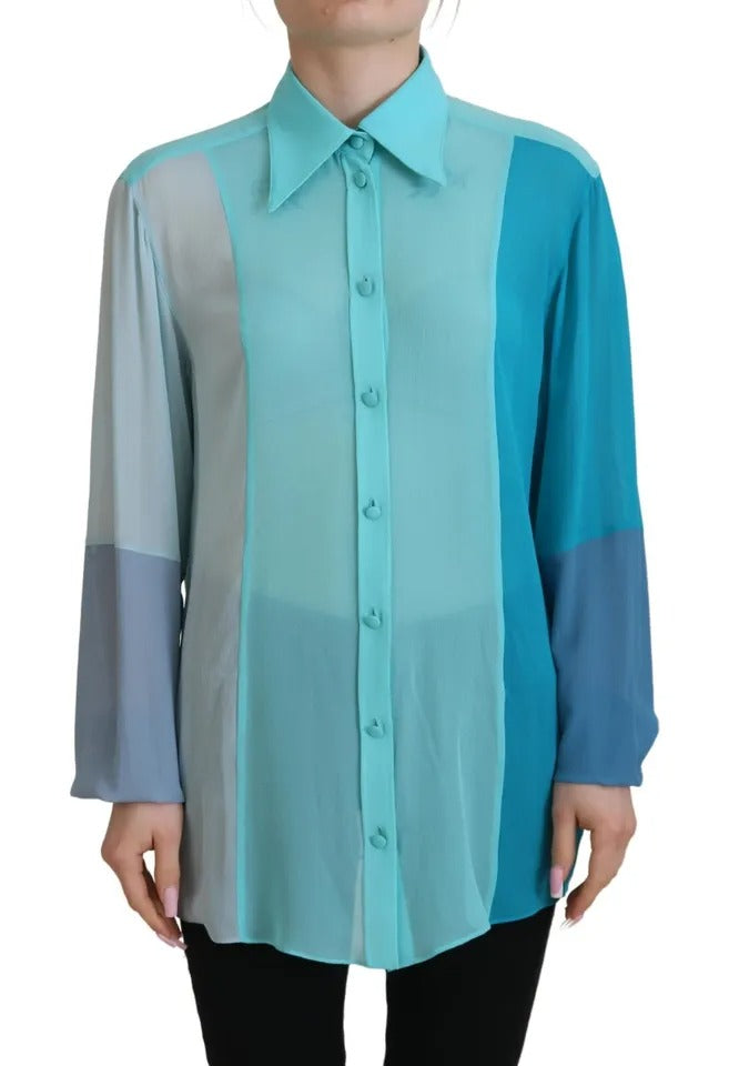 Dolce & Gabbana Blue Collar Long Sleeve Blouse Silk Top Dolce & Gabbana