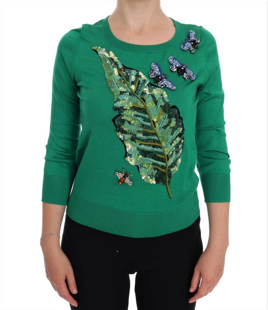 Dolce & Gabbana Embellished Green Silk Pullover Sweater Dolce & Gabbana