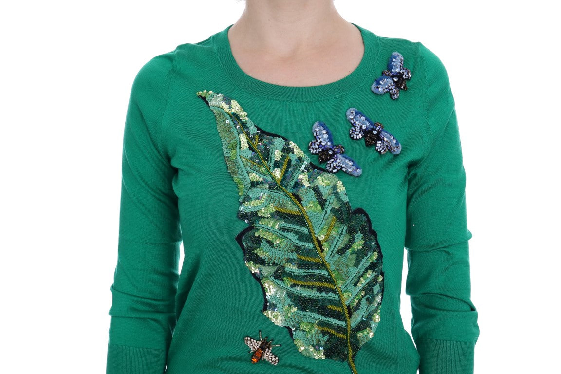 Dolce & Gabbana Embellished Green Silk Pullover Sweater Dolce & Gabbana