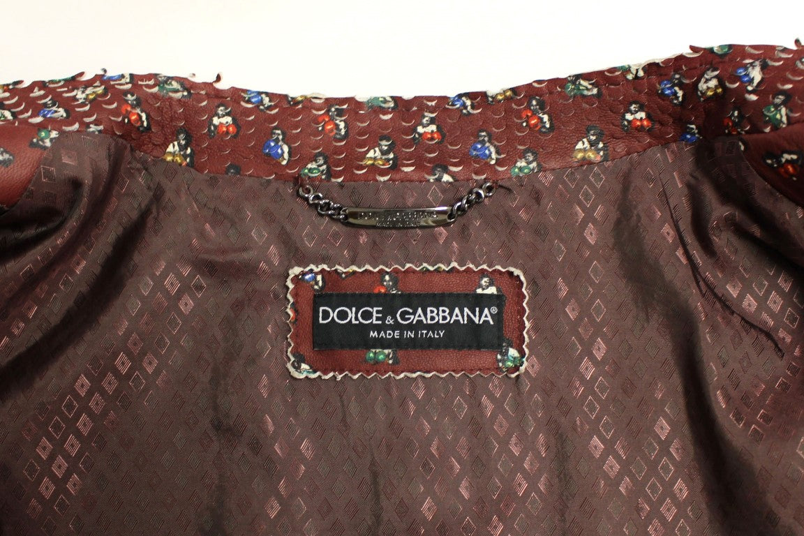 Dolce & Gabbana Exclusive Boxer Print Bordeaux Leather Jacket Dolce & Gabbana