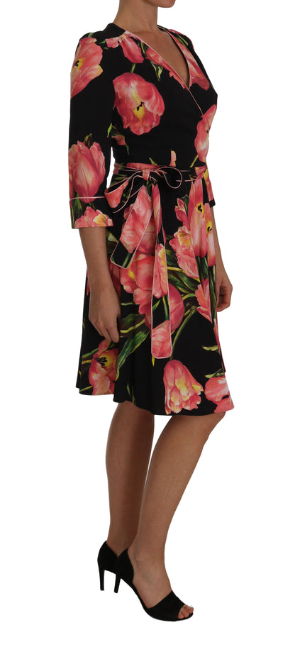 Dolce & Gabbana Elegant Black Shift Dress with Pink Tulips Print Dolce & Gabbana