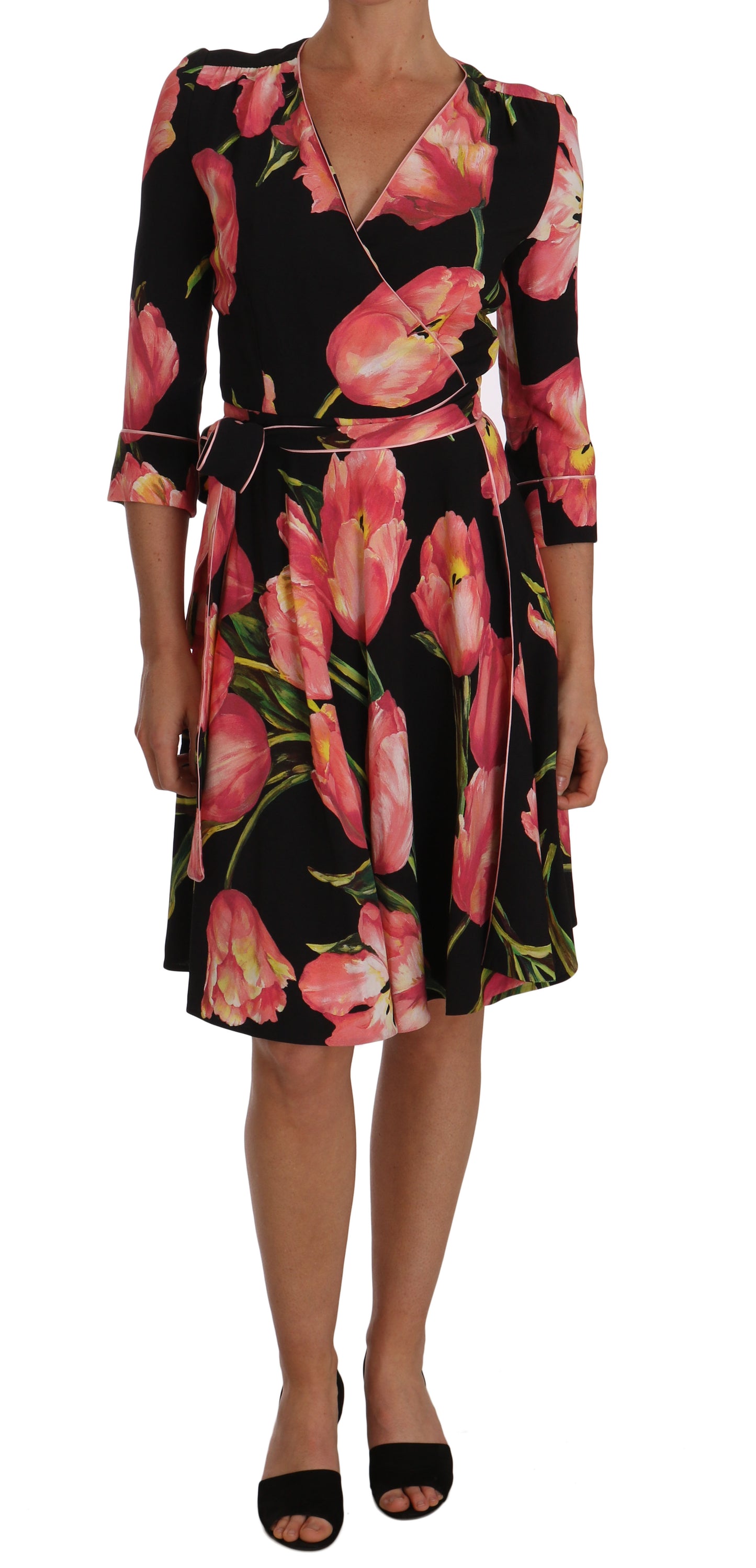 Dolce & Gabbana Elegant Black Shift Dress with Pink Tulips Print Dolce & Gabbana