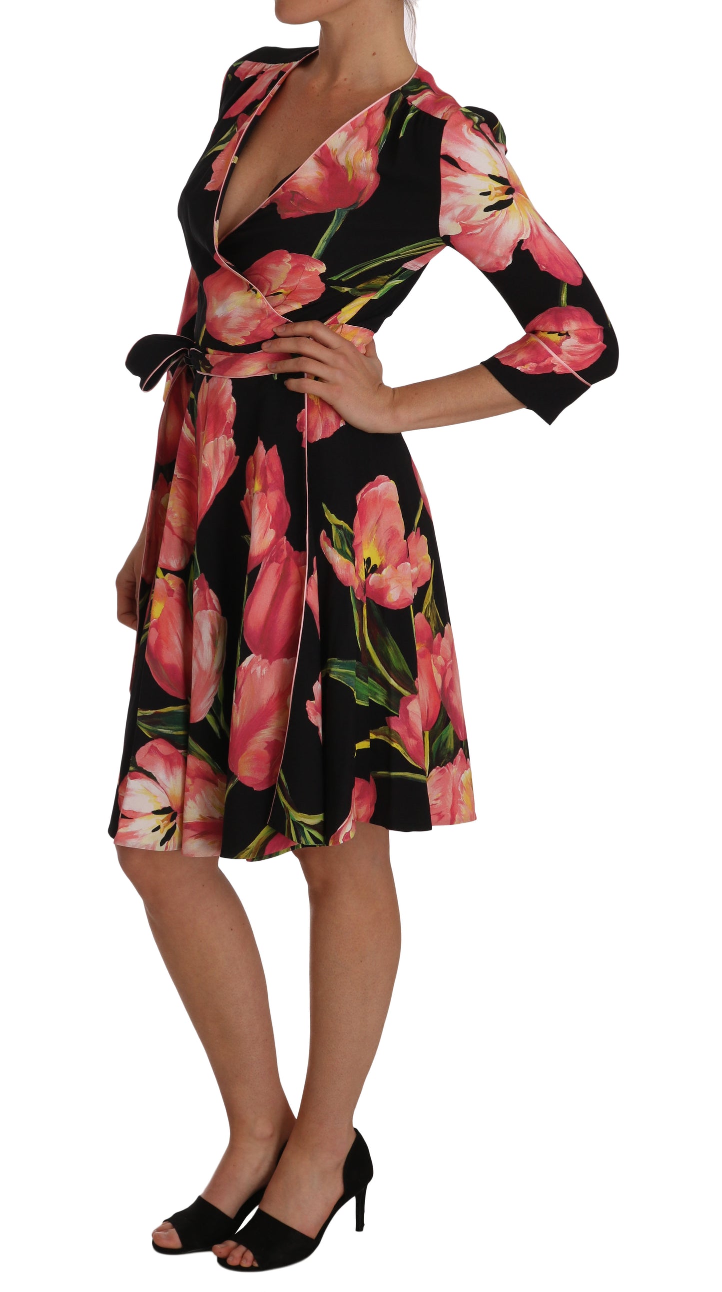 Dolce & Gabbana Elegant Black Shift Dress with Pink Tulips Print Dolce & Gabbana