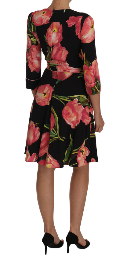 Dolce & Gabbana Elegant Black Shift Dress with Pink Tulips Print Dolce & Gabbana