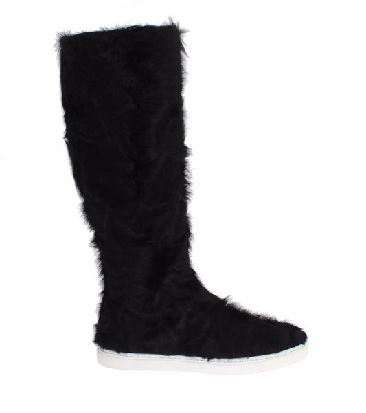 Dolce & Gabbana Elegant Black Fur Leather Flat Sneaker Boots Dolce & Gabbana