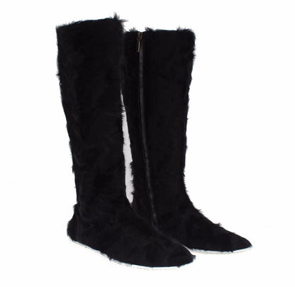 Dolce & Gabbana Elegant Black Fur Leather Flat Sneaker Boots Dolce & Gabbana