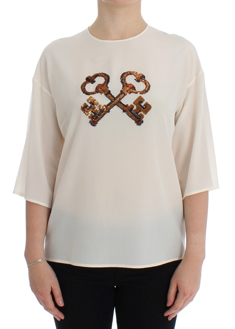 Dolce & Gabbana Ivory Sequined Silk Blouse Top Dolce & Gabbana