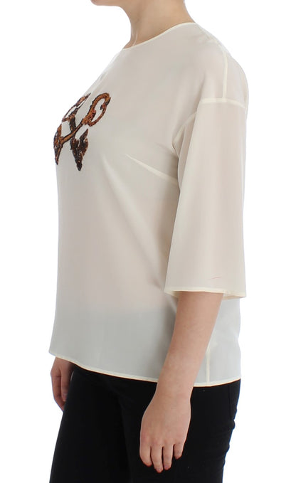 Dolce & Gabbana Ivory Sequined Silk Blouse Top Dolce & Gabbana