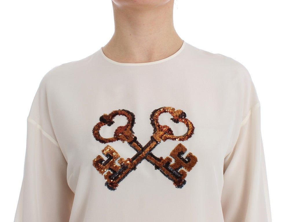 Dolce & Gabbana Ivory Sequined Silk Blouse Top Dolce & Gabbana