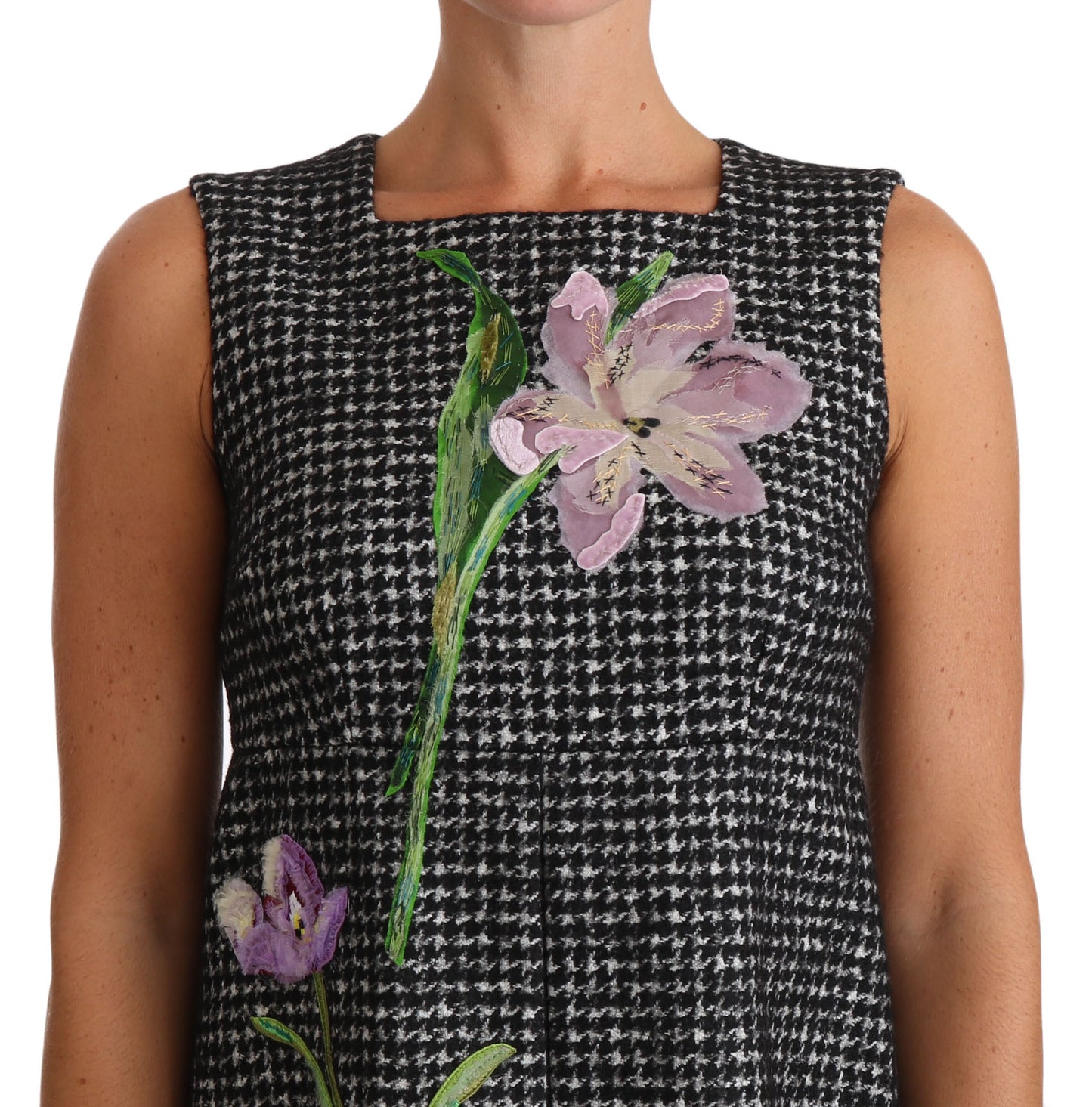 Dolce & Gabbana Houndstooth Floral Appliqué Shift Dress Dolce & Gabbana