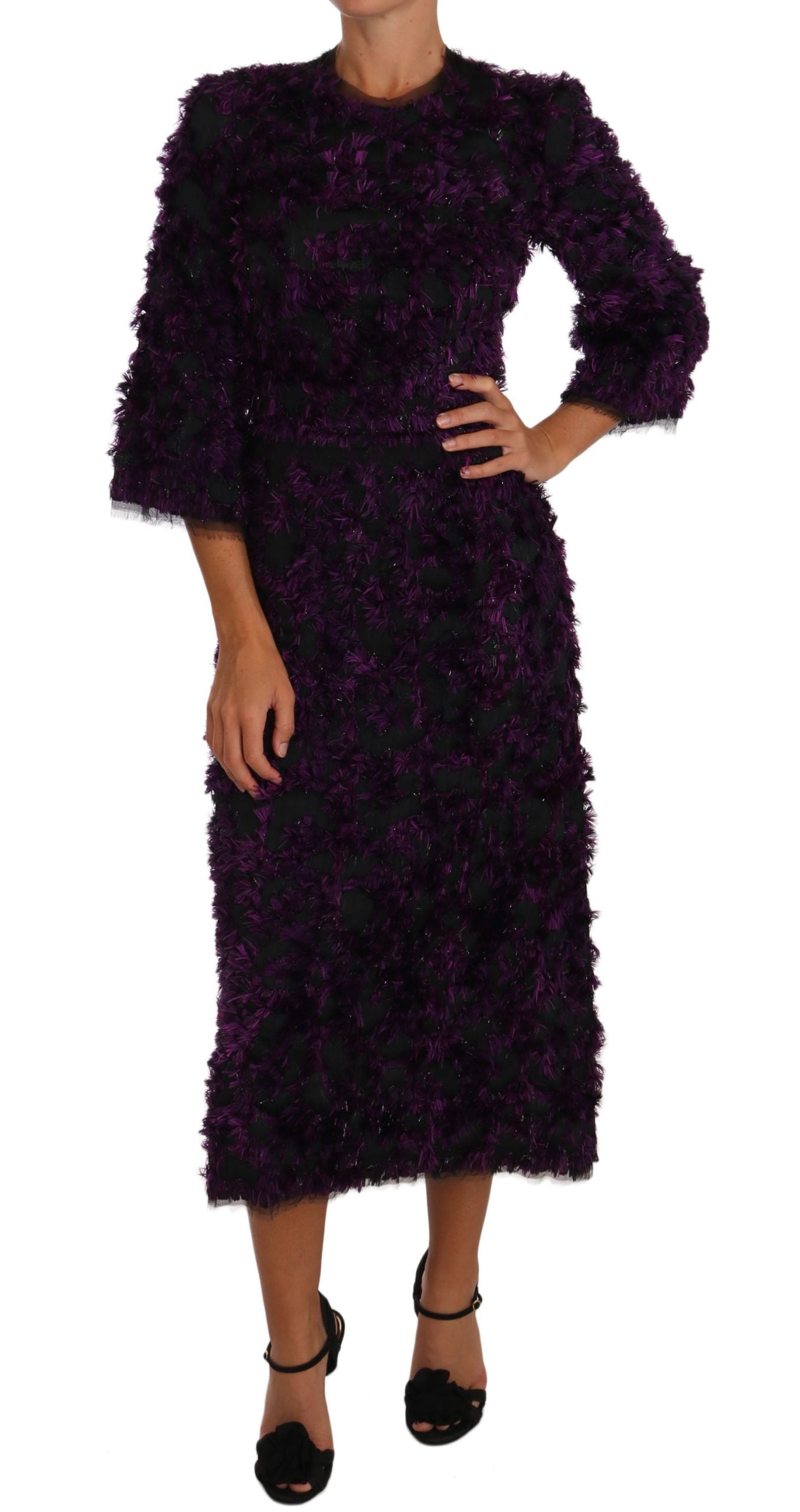 Dolce & Gabbana Elegant Fringe Sheath Dress in Purple & Black Dolce & Gabbana