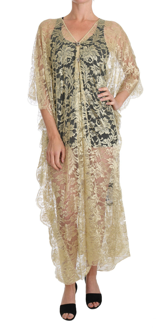 Dolce & Gabbana Golden Floral Lace Kaftan Sundress Dolce & Gabbana