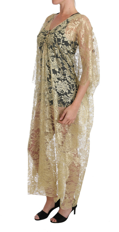 Dolce & Gabbana Golden Floral Lace Kaftan Sundress Dolce & Gabbana