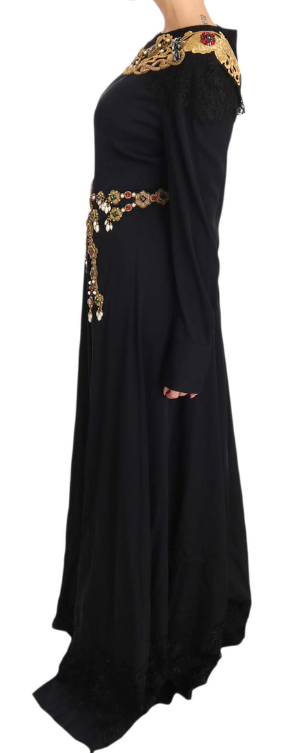 Dolce & Gabbana Elegant Maxi Black Dress with Gold Detailing Dolce & Gabbana