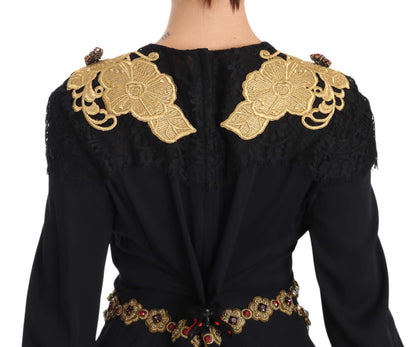 Dolce & Gabbana Elegant Maxi Black Dress with Gold Detailing Dolce & Gabbana