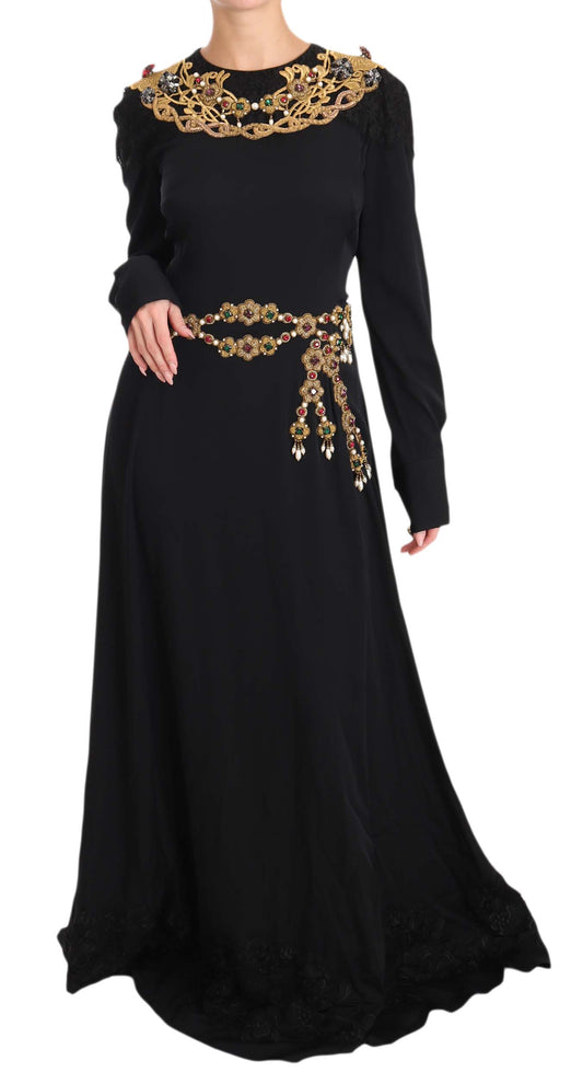 Dolce & Gabbana Elegant Maxi Black Dress with Gold Detailing Dolce & Gabbana