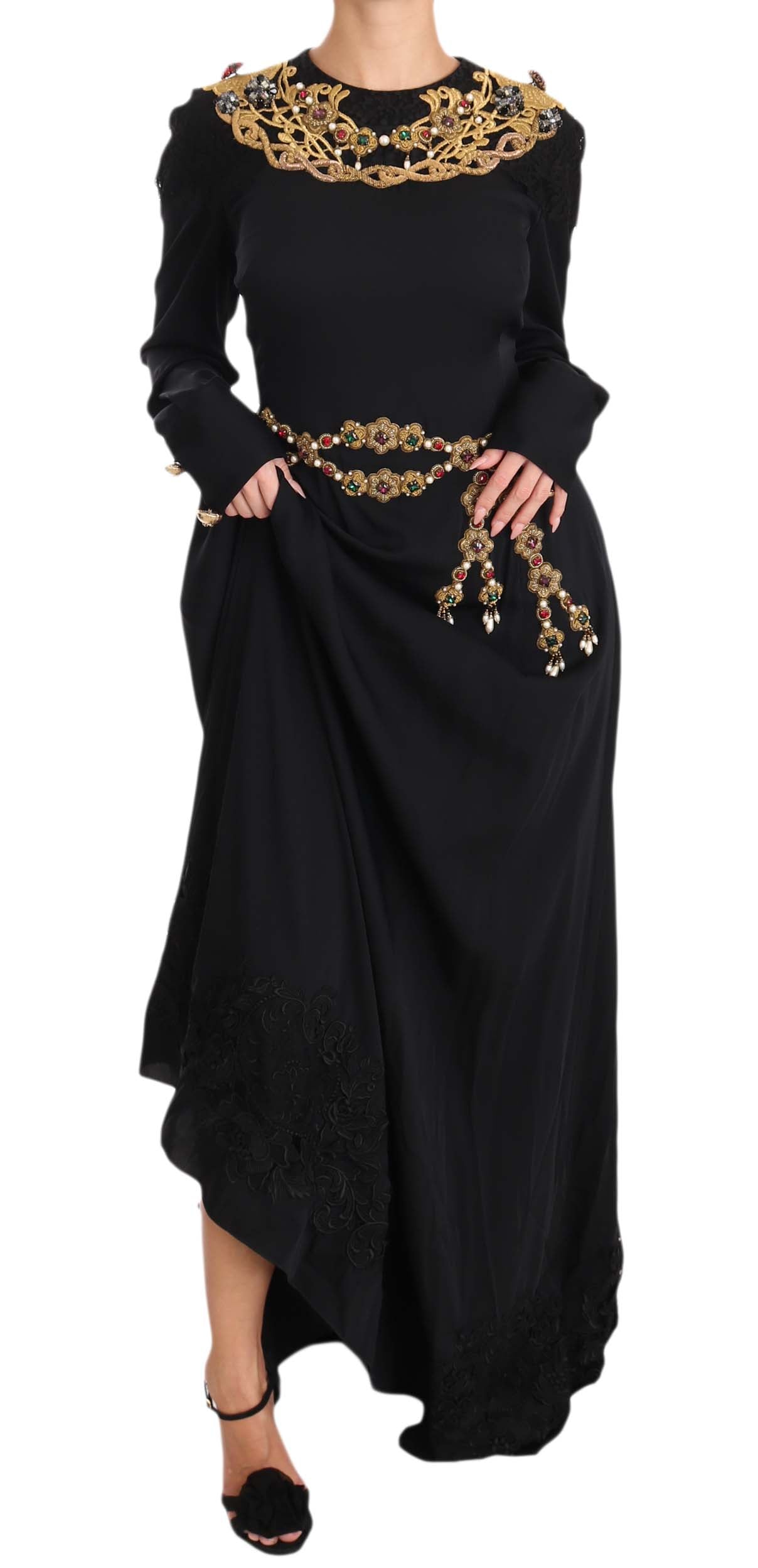 Dolce & Gabbana Elegant Maxi Black Dress with Gold Detailing Dolce & Gabbana