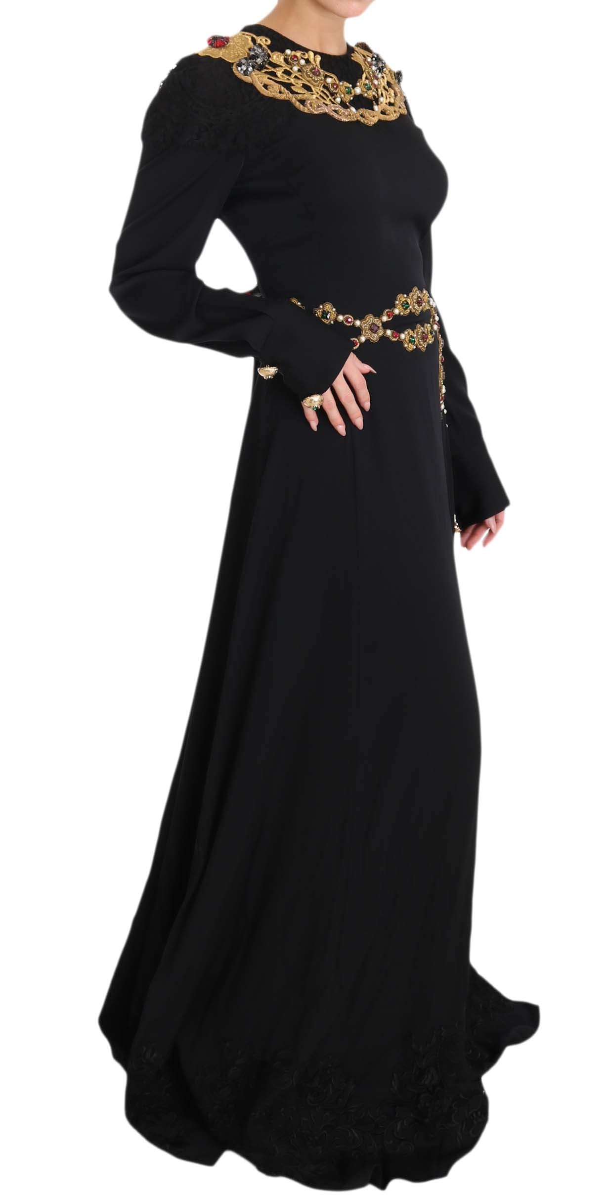 Dolce & Gabbana Elegant Maxi Black Dress with Gold Detailing Dolce & Gabbana