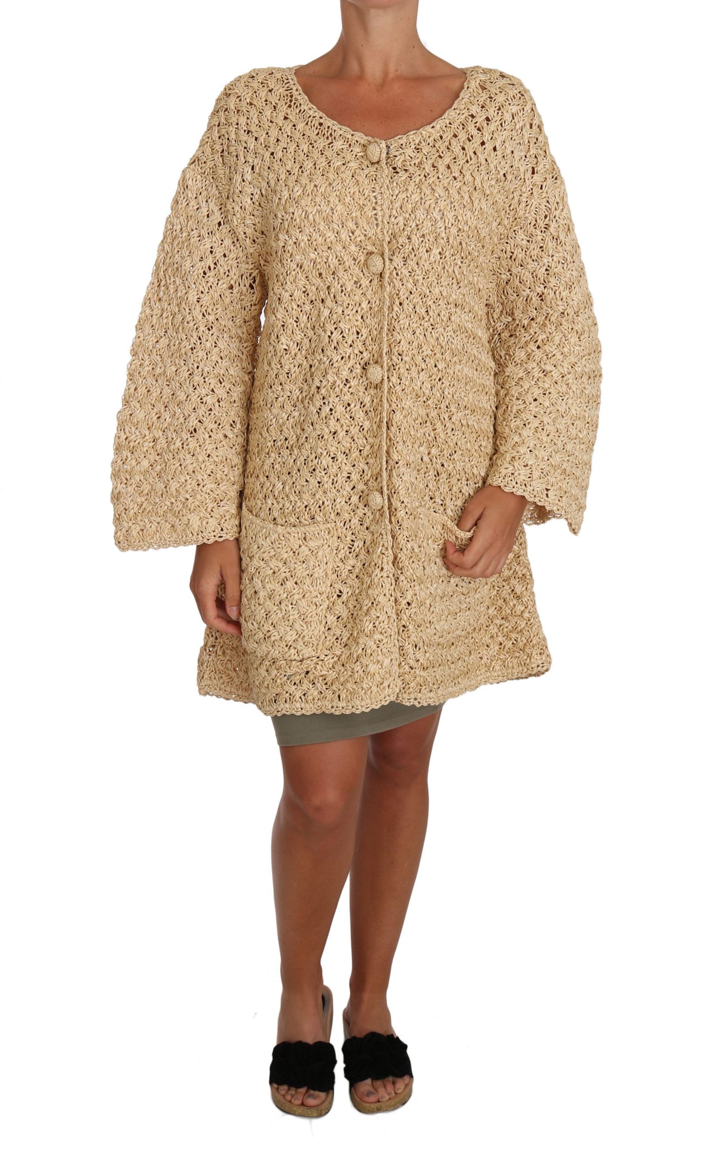 Dolce & Gabbana Chic Beige Crochet Knitted Raffia Cardigan Dolce & Gabbana