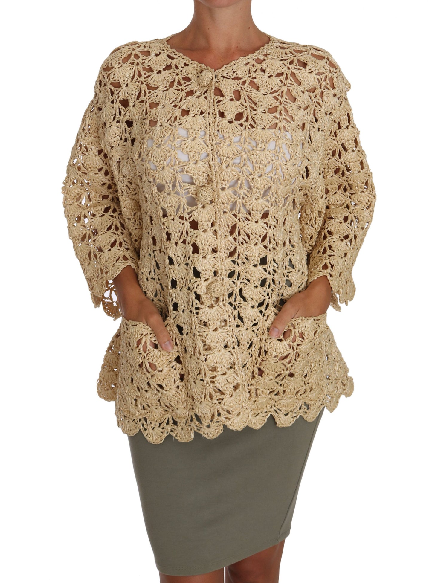 Dolce & Gabbana Chic Beige Crochet Raffia Cardigan Dolce & Gabbana