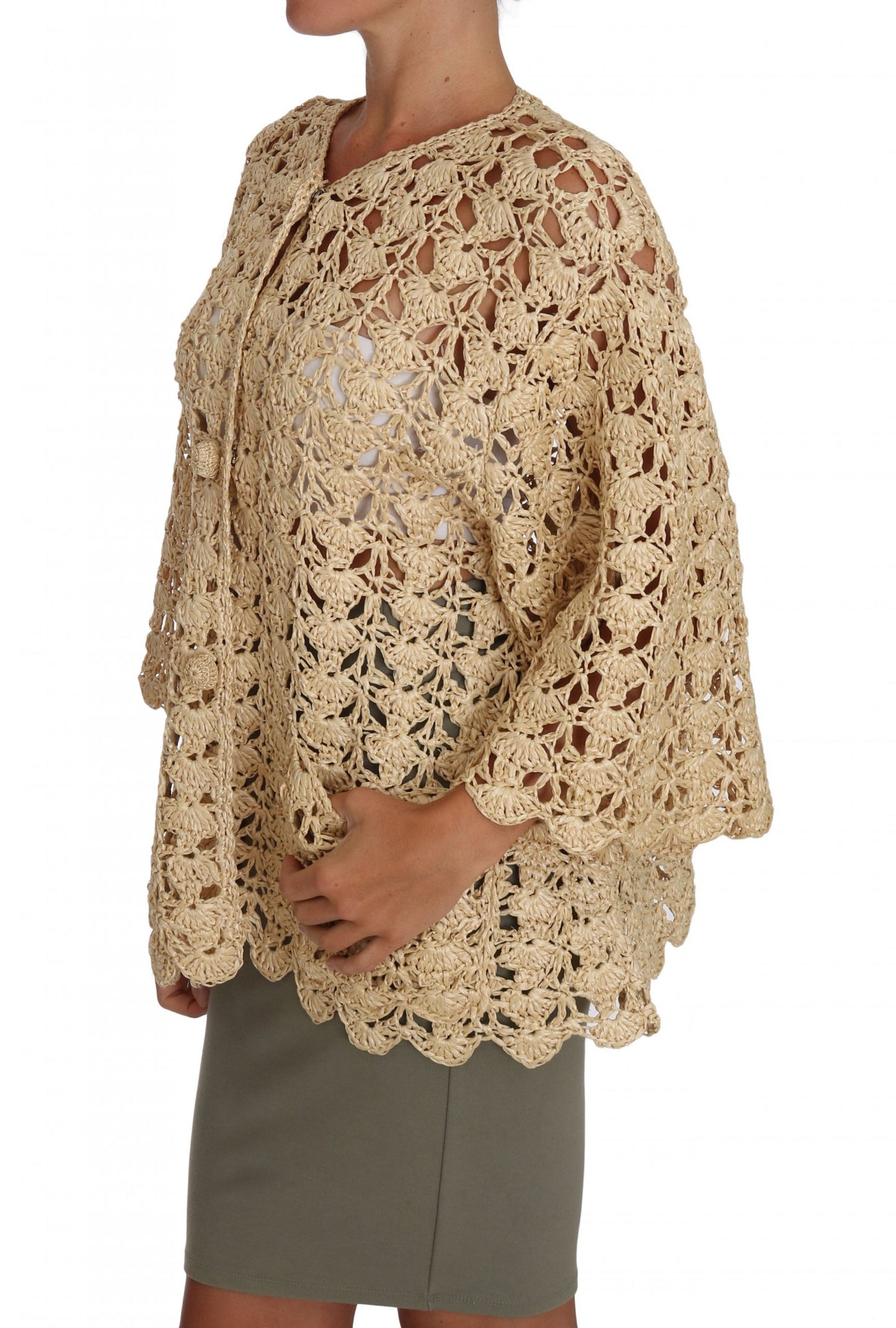 Dolce & Gabbana Chic Beige Crochet Raffia Cardigan Dolce & Gabbana