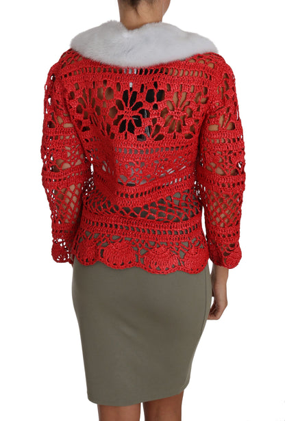 Dolce & Gabbana Elegant Red Crochet Knit Cardigan with Fur Collar Dolce & Gabbana