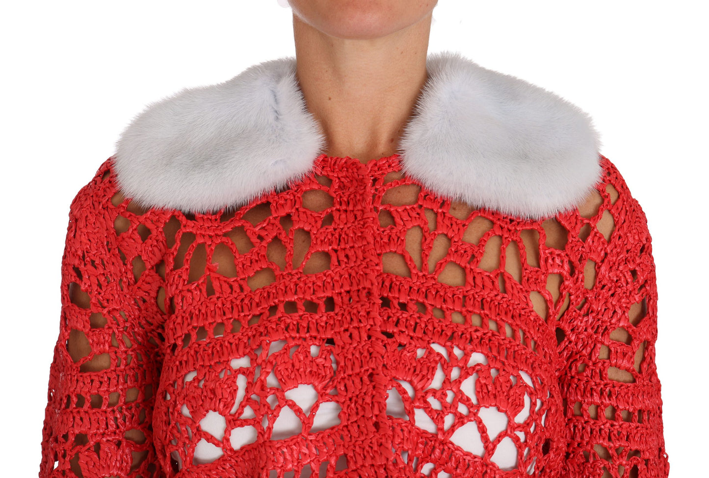 Dolce & Gabbana Elegant Red Crochet Knit Cardigan with Fur Collar Dolce & Gabbana