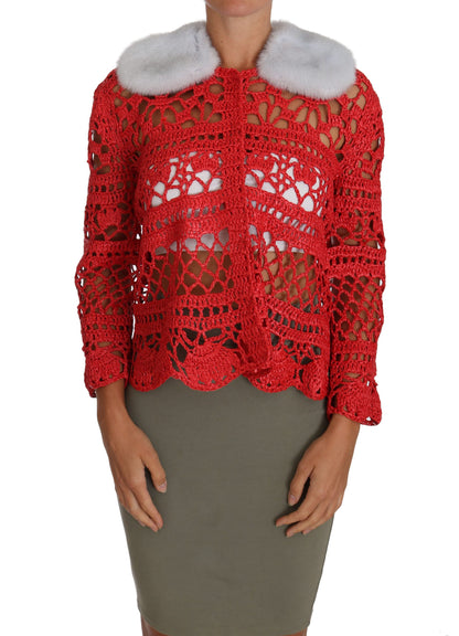 Dolce & Gabbana Elegant Red Crochet Knit Cardigan with Fur Collar Dolce & Gabbana