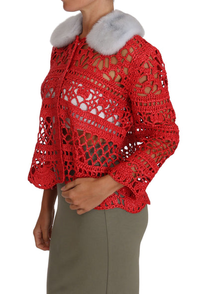 Dolce & Gabbana Elegant Red Crochet Knit Cardigan with Fur Collar Dolce & Gabbana