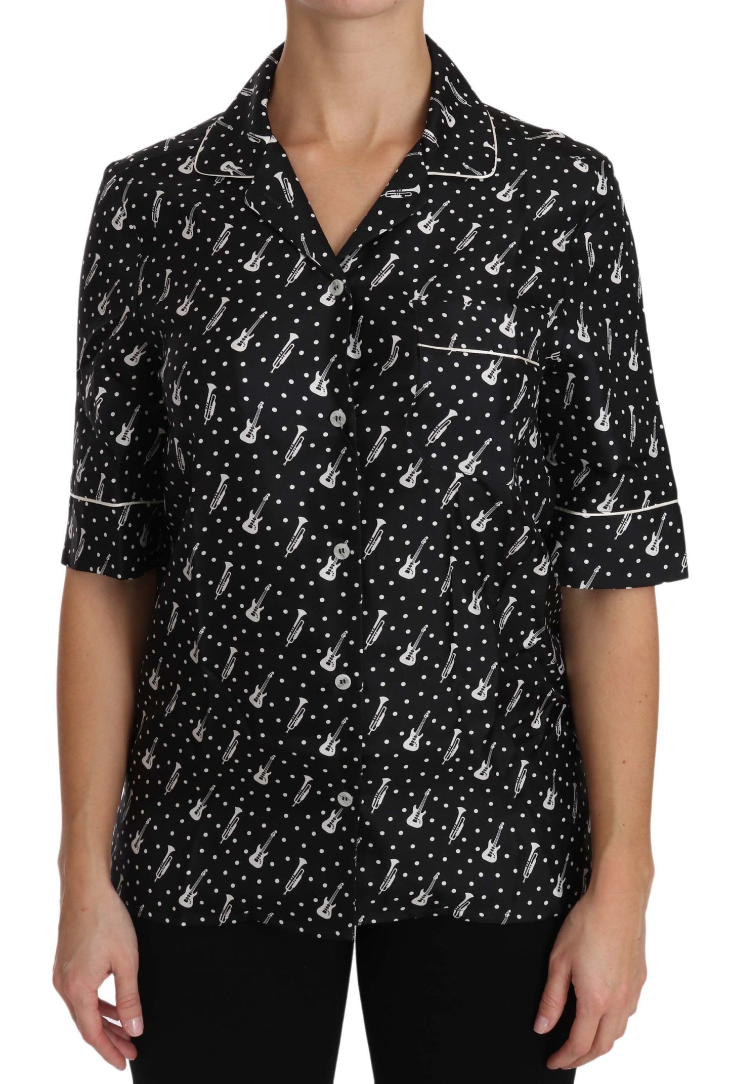 Dolce & Gabbana Silk Guitar Trumpet Print Polo Top Dolce & Gabbana