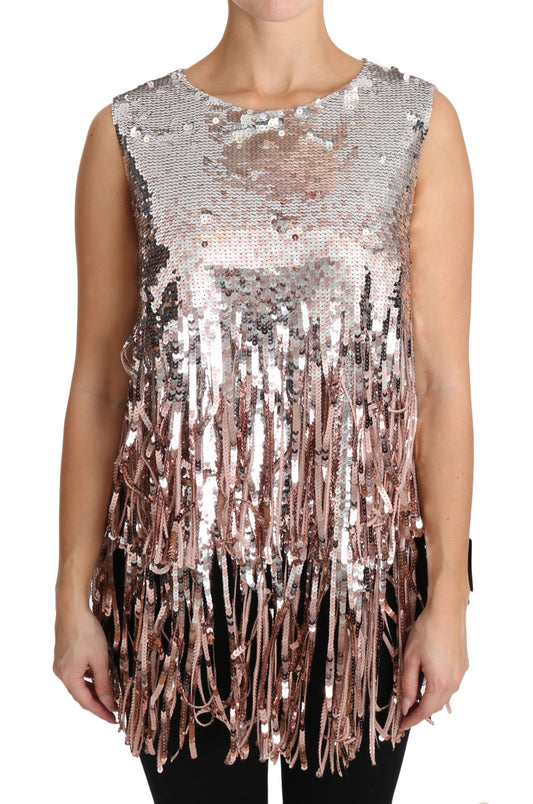 Dolce & Gabbana Golden Pink Sequined Fringe Elegance Top Dolce & Gabbana