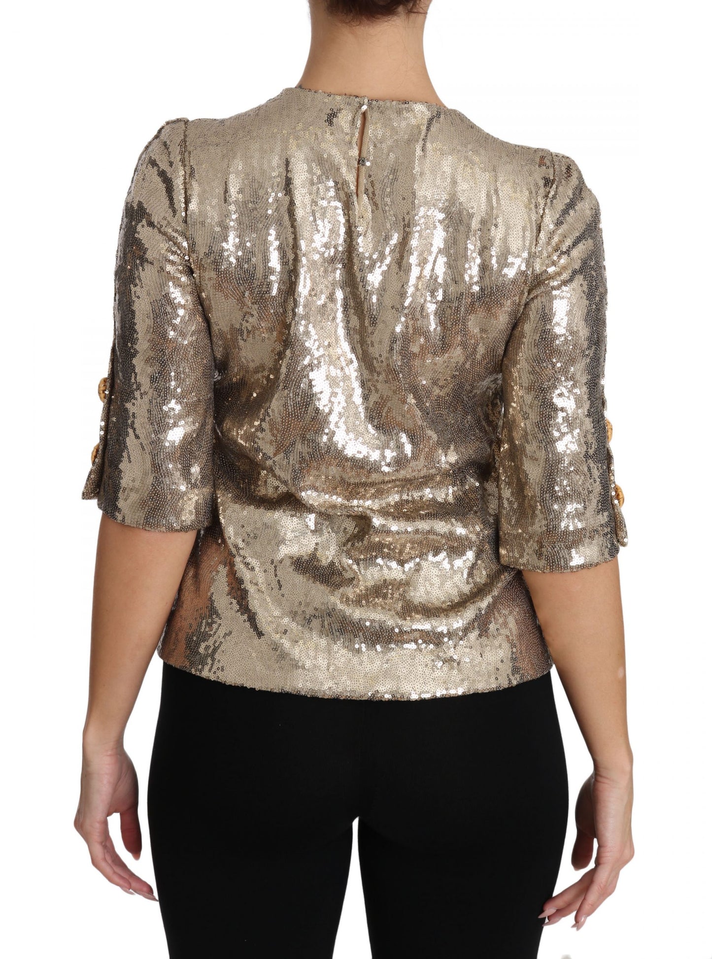 Dolce & Gabbana Gold Parrot Motif Crewneck Blouse with Crystals Dolce & Gabbana