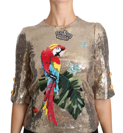 Dolce & Gabbana Gold Parrot Motif Crewneck Blouse with Crystals Dolce & Gabbana