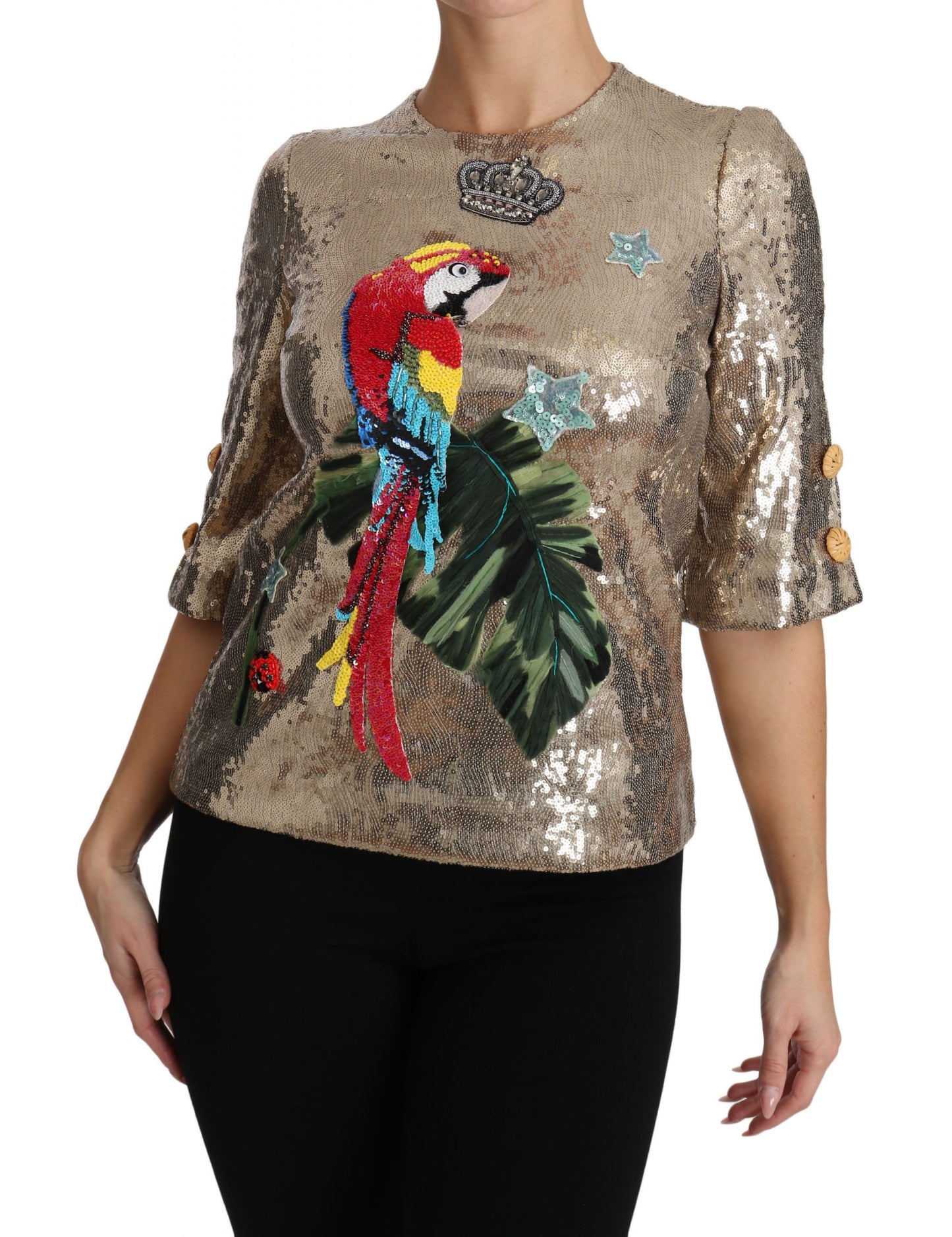 Dolce & Gabbana Gold Parrot Motif Crewneck Blouse with Crystals Dolce & Gabbana