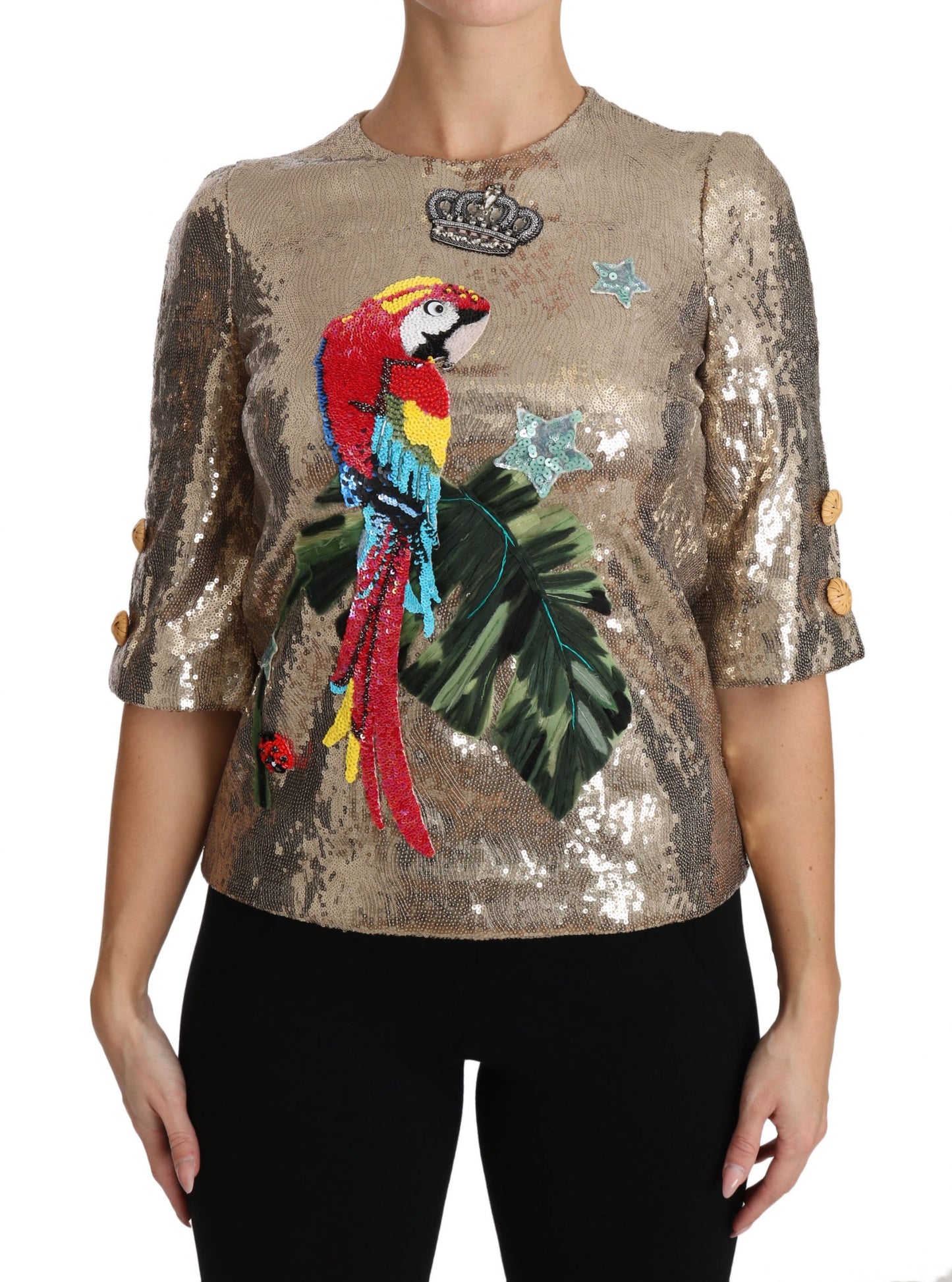 Dolce & Gabbana Gold Parrot Motif Crewneck Blouse with Crystals Dolce & Gabbana