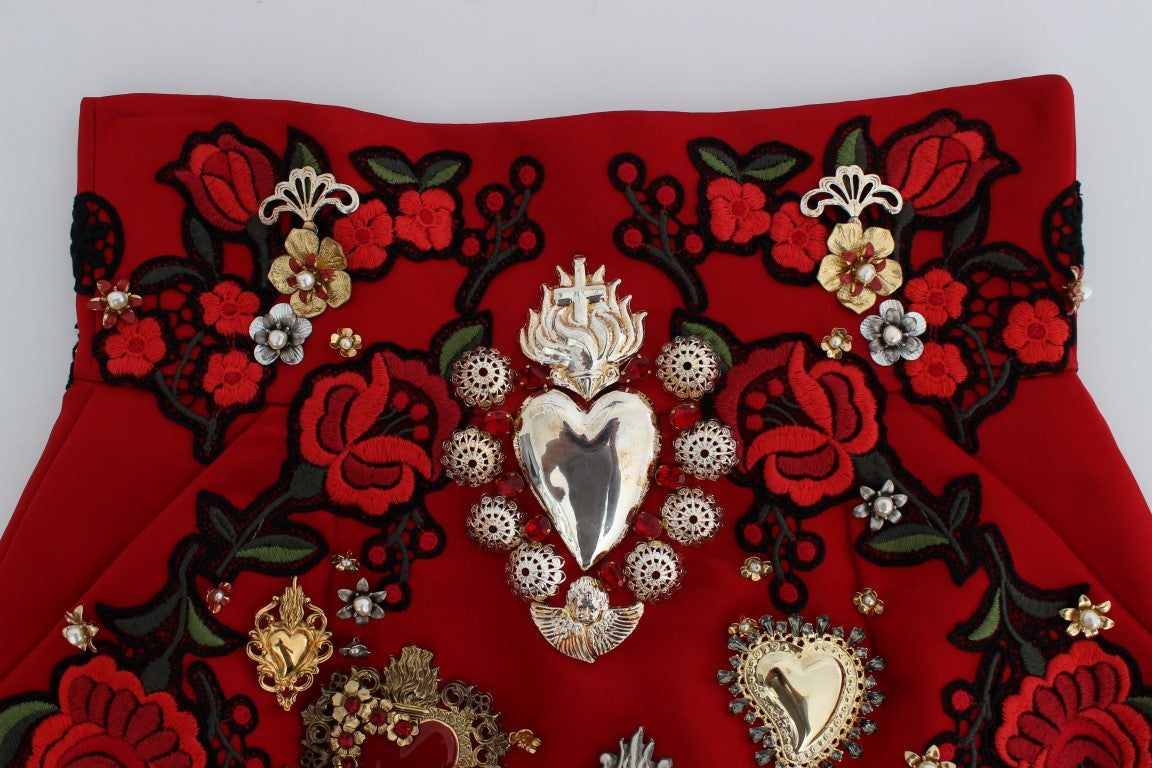 Dolce & Gabbana Red Silk Crystal-Embellished Mini Shorts Dolce & Gabbana