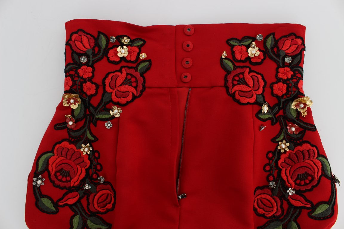 Dolce & Gabbana Red Silk Crystal-Embellished Mini Shorts Dolce & Gabbana