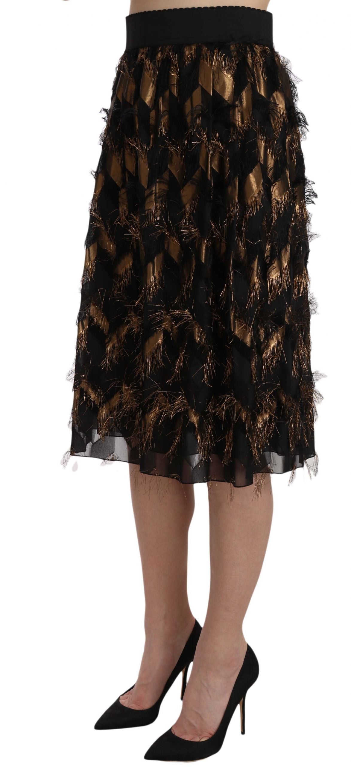 Dolce & Gabbana Elegant Gold Black Silk Blend High Waist Skirt Dolce & Gabbana