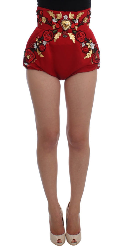 Dolce & Gabbana Red Silk Crystal-Embellished High Waist Shorts Dolce & Gabbana