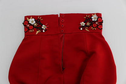 Dolce & Gabbana Red Silk Crystal-Embellished High Waist Shorts Dolce & Gabbana