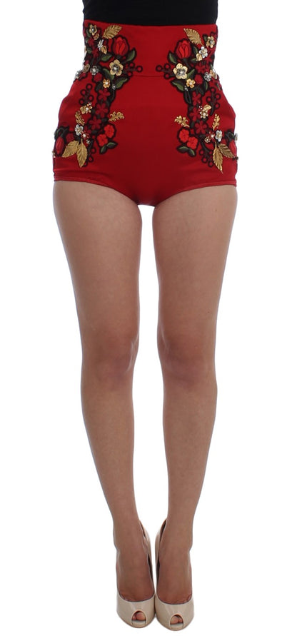 Dolce & Gabbana Elegant Silk Red Embroidered Mini Shorts Dolce & Gabbana