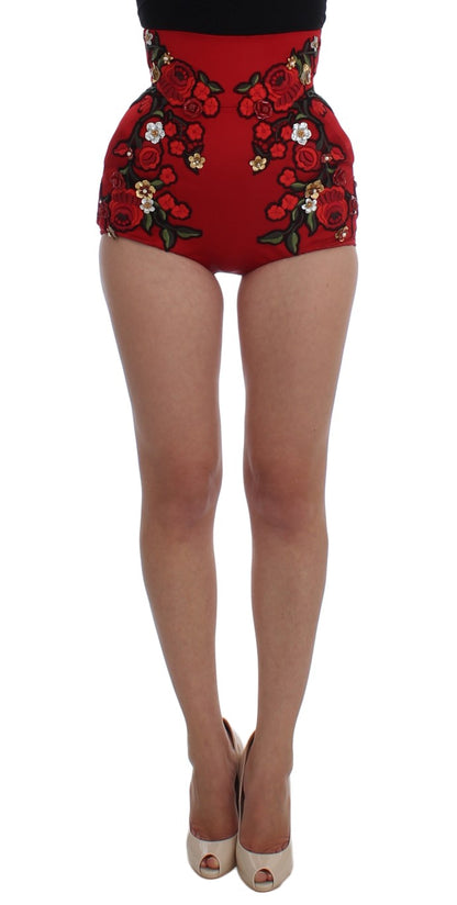 Dolce & Gabbana Glamorous Red Silk Floral Embroidered Shorts Dolce & Gabbana